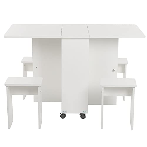 Dioche Juego de mesa y 4 sillas para comedor móvil, mesa de comedor de MDF con taburetes cuadrados, mesa de cocina de madera con ruedas, mesa de comedor de madera
