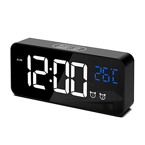 CHEREEKI Reloj Despertador Digital, Despertador Alarma Dual Digital Alarm Clock con Temperatura, 4 Brillo Ajustable Función Snooze, Puerto de Carga USB, 12/24 Horas, 16 música