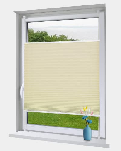OBdeco Estor plisado Klemmfix sin taladrar, translúcido, aspecto triturado, para ventanas y puertas, Easyfix crema, 55 x 130 cm