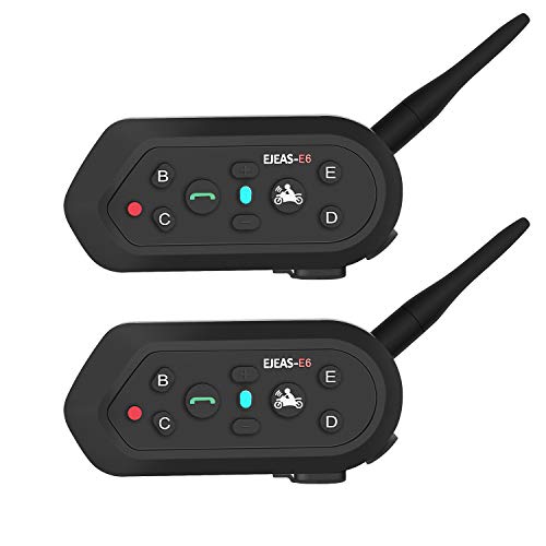 EJEAS E6 Casco de Motocicleta Intercomunicador Bluetooth para 6 Corredores 1200m con Sonido de Alta Fidelidad VOX Función de Música Impermeable para Montar, Esquiar y Escalar (Paquete de 2)