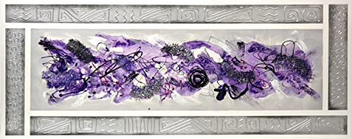 Cuadroexpres - Cuadro Pintado Abstracto Lila 150x60 cm 100% Original, con Piedras Brillantes y Relieve en Plata, sobre Lienzo, Listo para Colgar