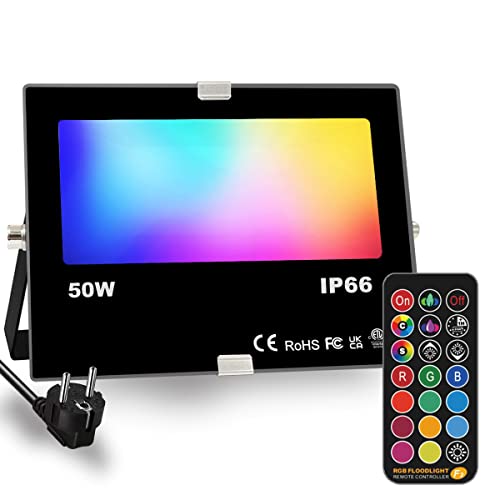 Foco LED RGB Exterior, cambio de color 50W, modo estroboscópico personalizado para bricolaje, RGB 12 colores, temporización, control remoto incluido, IP66 a prueba de agua