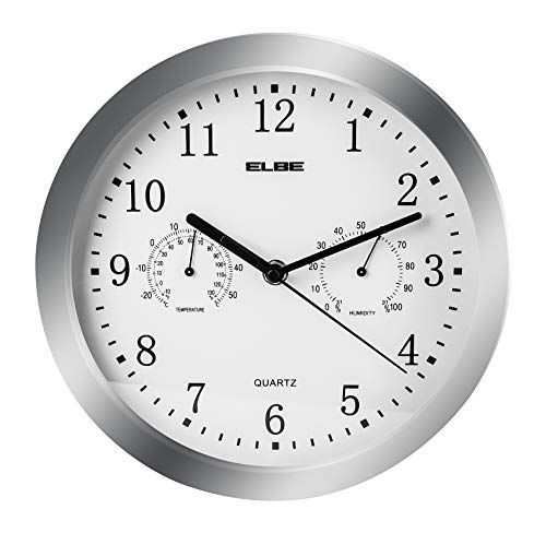 ELBE RP-3005-9 Reloj de pared con termómetro e higrómetro, mide temperatura y humedad, 25 cm diámetro, panel blanco marco plata, funciona con pilas, color plata