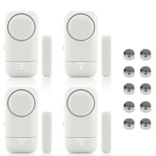 Shackcom 4pcs Alarma para Puertas y Ventanas de 120 dB para casa con Sensor Magnético Inalámbrico para Sistema de Seguridad para el hogar y Seguridad Infantil - Antirrobo Detectores Sirenas con Pilas