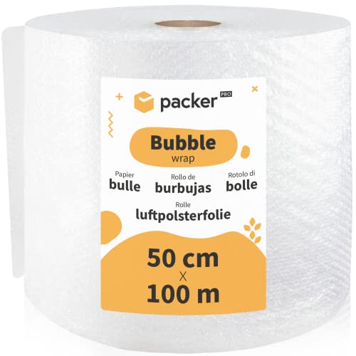 packer PRO Rollo Plastico Burbujas Embalaje, 50cm Ancho y 100m longitud. Papel burbuja ideal para Mudanzas, Embalajes y Envíos