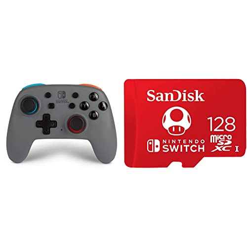 Mando Inalámbrico Mejorado Nano PowerA para Nintendo Switch. Gris Neón & SanDisk microSDXC UHS-I Tarjeta para Nintendo Switch 128GB, Producto con Licencia de Nintendo