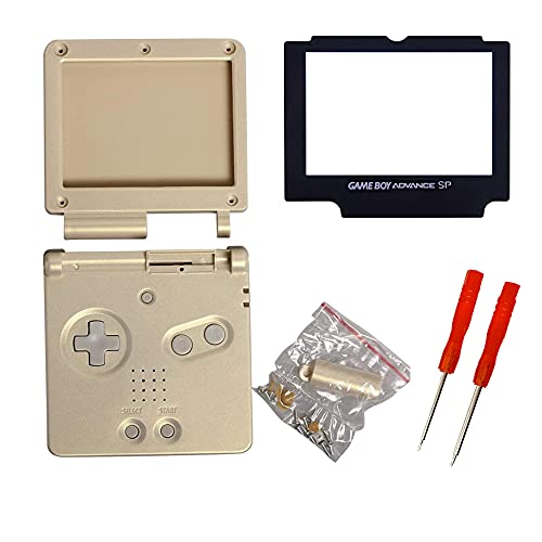 THE TECH DOCTOR Gameboy Advance SP - Carcasa completa para carcasa de carcasa de carcasa de pantalla y botones, kit de reparación profesional que incluye herramientas (dorado)