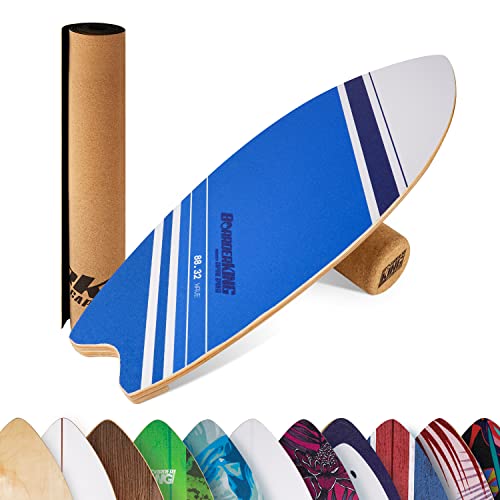BoarderKING Indoorboard Wave - Tabla de equilibrio, Forma tabla de surf, Madera arce, Recubierto plástico, Esterilla y rodillos de corcho, Topes desmontables, Dimensiones 32 x 5 x 88 cm, Azul rayas