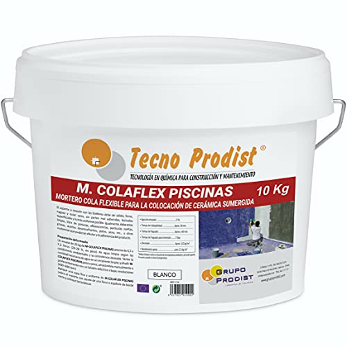 M-COLAFLEX PISCINAS de Tecno Prodist (10 Kg) Adhesivo cementoso mejorado flexible ideal para la colocación de baldosas en contacto permanente con agua como piscinas, depósitos agua, etc (Blanco)