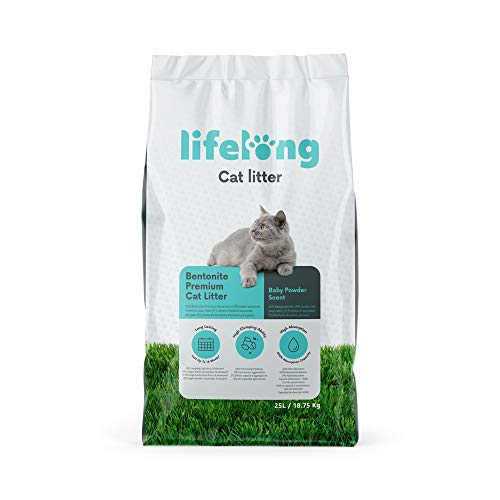 Marca Amazon Lifelong Arena de bentonita para gatos, Premium con perfume de talco 25L