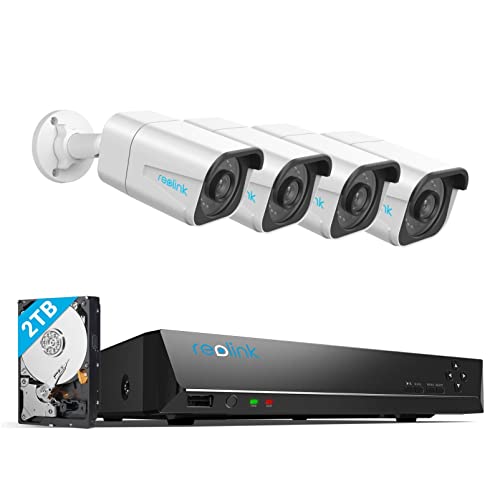 Reolink 4K Kit Camaras de Seguridad, 4 pcs Cámaras IP PoE de Vigilancia Exterior, 4K 8CH NVR con 2TB HDD para Grabación 24/7, Detección de Movimiento, IP66 Impermeable, Visión Nocturna, RLK8-800B4