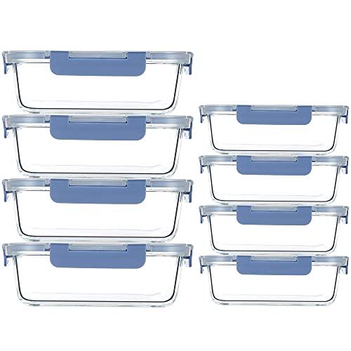 UMIZILI Juego de 8 recipientes de cristal con tapa, para conservación de alimentos, sin BPA, aptos para lavavajillas, microondas y congelador, 1040 ml + 370 ml