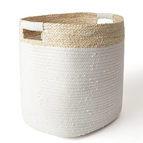 La Jolíe Muse Cesta ropa sucia de algodón, cesta almacenaje de cuerda de algodón con piel de maíz, cesta ropa sucia bebe, 35.5 x 33 x 40.5 cm, Blanco, estampado beige