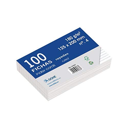 Dohe 30363 - Pack de 100 fichas rayadas de cartulina blanca, 180 g, nº 4, 125 x 200 mm