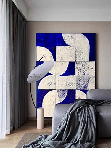 Arte de pared moderno fácil sobre lienzo Recién llegado Color geométrico Pintura abstracta azul con blanco y decoración del hogar Marco interior de 60x85 cm