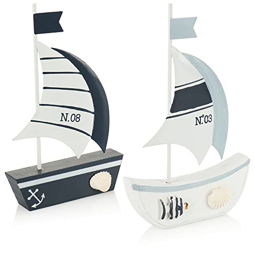 com-four 2X veleros de decoración marítima con Concha - Barcos de Madera con Velas de Metal - decoración náutica para el baño - decoración [la selección varía] (02 Piezas - velero 18cm)