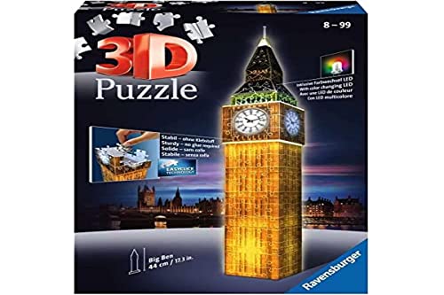 Ravensburger - Puzzle 3D, Big Ben Edición Especial con LED, Edad recomendada 8+, 216 piezas de puzle de plástico numeradas + 9 accesorios + módulo luminoso con LEDs + instrucciones