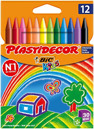 BIC Kids Plastidecor - Ceras para colorear, antimanchas para actividades creativas en casa y el colegio, Blíster de 12 Unidades (Paquete de 1), Colores surtidos, Clásico