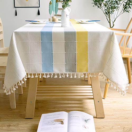 J-MOOSE Mantel rectangular de algodón y lino, elegante, lavable, para mesa de comedor (140 x 260 cm, azul/amarillo)