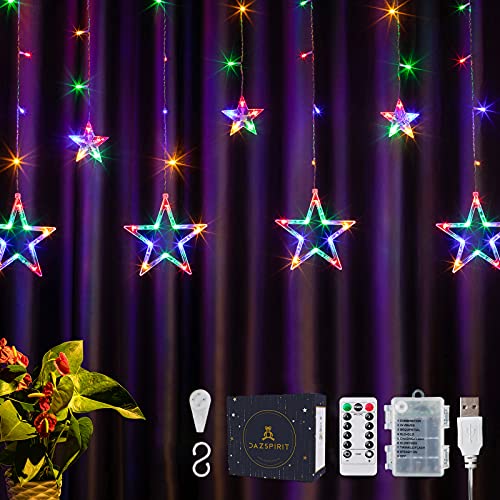 DazSpirit LED Luces Estrellas de Navidad Guirnaldas, con 12 Estrella, control remoto y 20 ganchos, caja de regalo, USB o con pilas, 8 modos, resistente al agua, 3,5m 138LED, interiores y exteriores
