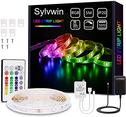 sylvwin Tiras LED, Tiras de Luces LED RGB de 5m con Control Remoto,Tiras de Luz LED con 16 Cambios de Color y 4 Modos para el Hogar, Dormitorio, TV, Decoración de Gabinetes, Fiesta