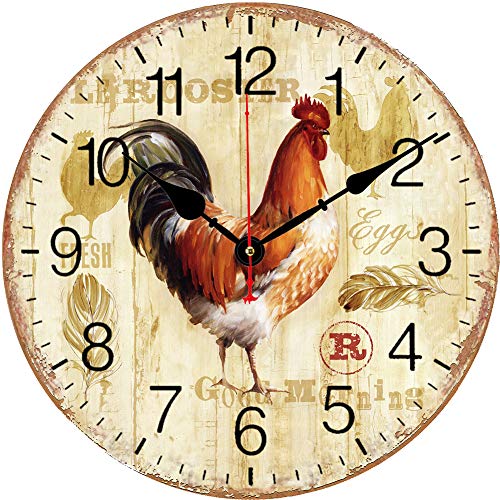 Reloj de pared Beryart de 35,5 cm, silencioso, no se hace tictac, para la oficina, sala de estar, comedor, cocina, estilo gallo decorativo redondo de madera