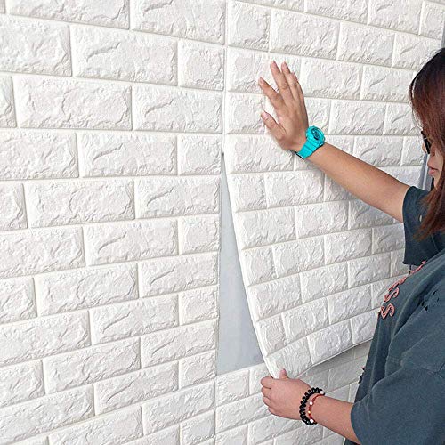 10 paneles de pared 3D autoadhesivos, aspecto de piedra, 70 x 77 cm, espuma de polietileno, para manualidades, ladrillo, piedra embosada, papel de pared, decoración de pared (blanco)