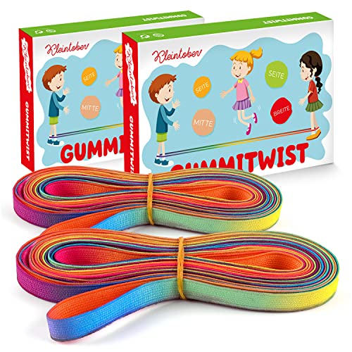 Kleintober Set de 2 Gomas elásticas para niños Premium I Twister I Juguete para Interior y Exterior I Banda arcoíris I con Instrucciones para Juegos I niños y niñas