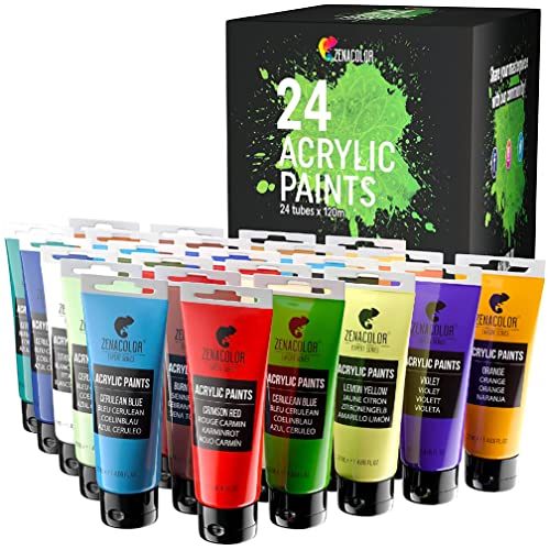 Zenacolor Kit de 24 Pinturas Acrílicas, 24 Tubos de 120ml, 24 Colores Pinturas para Lienzo, Maderas, Ocios Creativos, tanto para Adultos.