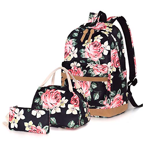 FEWOFJ Mochilas Escolares Chica Lona Vintage Backpack Canvas Casual + Bolsa del Almuerzo + Monedero Grande 3pcs (Floral)