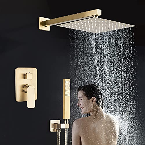 TVTIUO Ducha empotrada sistema de ducha con válvula de montaje en pared, cabezal de ducha de lluvia cuadrado de 20 cm, alcachofa de ducha, grifo de bañera, dorado cepillado