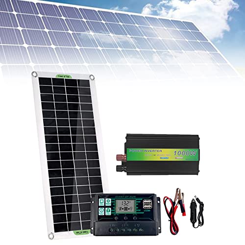 PEALOV Paneles Solares Para Casa Kit Completo,Panel Solar De 20 W+Inversor Solar 1000W+Controlador Solar Autoadaptable De 100 A+Cargador Coche Para Exteriores/Hogar/Aparatos De CA(BateríA No Incluida)