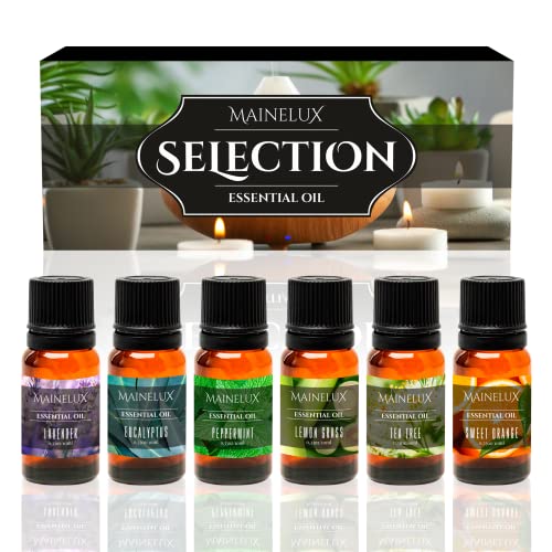 MAINELUX Aceites Esenciales para Humidificador, 100% Natural Aromaterapia Top 6 Set de Regalo de Aceites Aromáticos 6 x 10 ml(Lavanda, Hierba de Limón, Menta, Eucalipto, Árbol de té y Naranja dulce).
