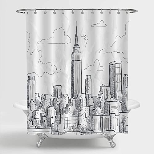KANNORE Juego de Cortinas de Ducha Sketchy New York Landmark Empire State Building Rascacielos Skyline Obra de Arte escénica Decoración de baño Moderna 180x210cm (70.87x82.68in)