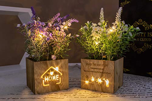 Juego de 2 flores artificiales con luces LED en caja de madera, plantas artificiales de plástico para decoración del hogar/oficina, centro de mesa (juego de 2 flores LED)