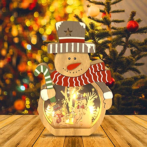 Achort Decoración navideña Decoración de árbol de Navidad de casa de Madera con luz led Adornos de muñeco de Nieve de Santa muñeco de Nieve Decoración Navideña Luz Decoración (Monigote de Nieve)