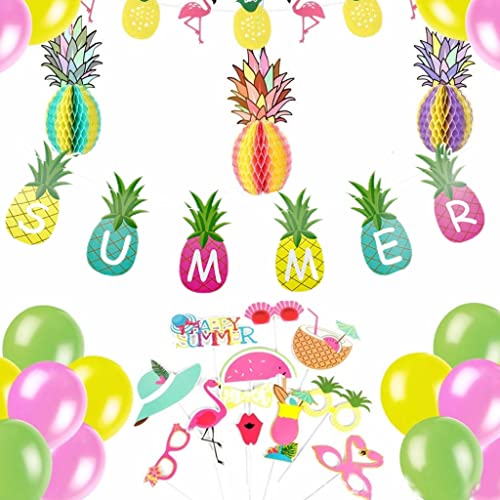 eBoutik,Juego de decoraciones de fiesta tropical hawaiana de verano,Banderines de piña para fiesta temática de playa, guirnaldas de panal, banderines y accesorios de fotobooth -
