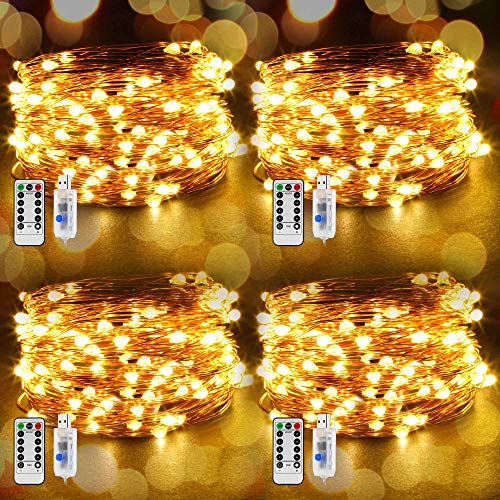 Guirnalda de Luces de Hada, 4 Piezas 10m 100LED Luces de Hadas en Conexión USB, 8 Modos Cadena de Luces LED de Iluminación con Control Remoto para Fiestas, Navidad, bodas, Jardín, Patio