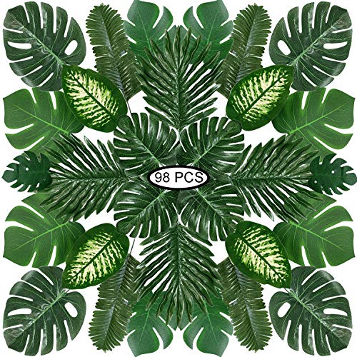 PietyPet Hojas de Palma Artificiales, 98 Piezas 8 Tipos Verde Plantas Artificiales, Falso Hojas de Monstera con Tallos para Luau, Fiestas Decoraciones Eventos, Bodas, Hawaiano