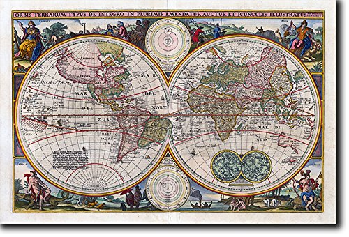 Póster de The Pop Culture King World Map from 1657 - Reproducción histórica vintage - Foto de regalo impresa geografía 24 x 16 Inch